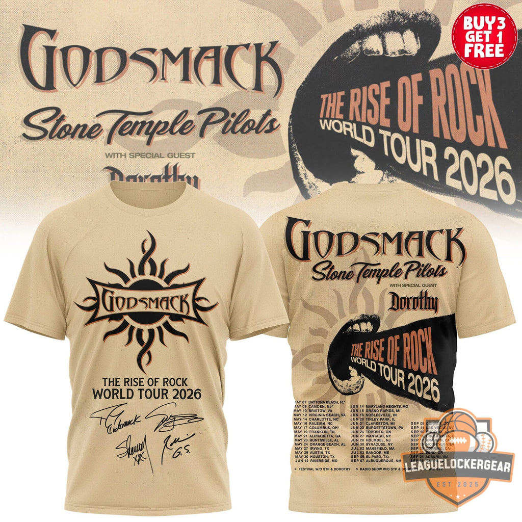 Godsmack Stone Temple Pilots The Rise of Rock World Tour 2026 Signatures T-Shirt - LeagueLockerGear