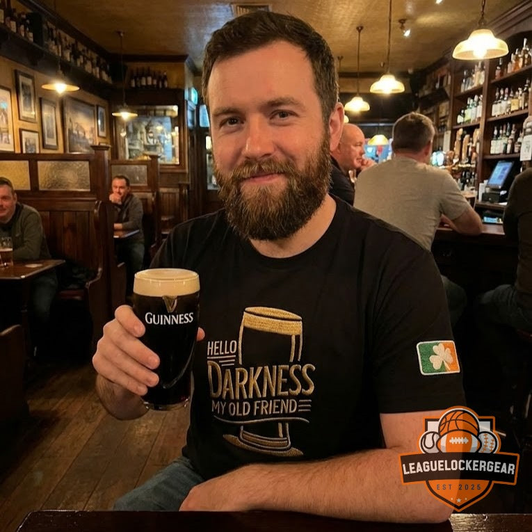 St Patricks Day Hello Darkness My Old Friend Guinness Beer Embroidered T-Shirt - LeagueLockerGear