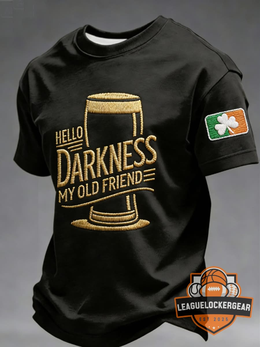 St Patricks Day Hello Darkness My Old Friend Guinness Beer Embroidered T-Shirt - LeagueLockerGear