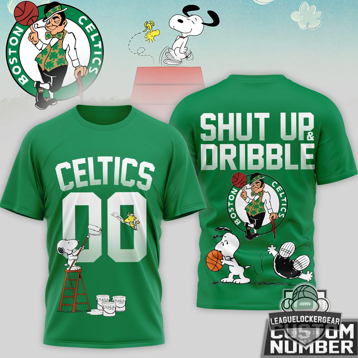 Boston Celtics Snoopy Shut Up & Dribble T-Shirt - LeagueLockerGear