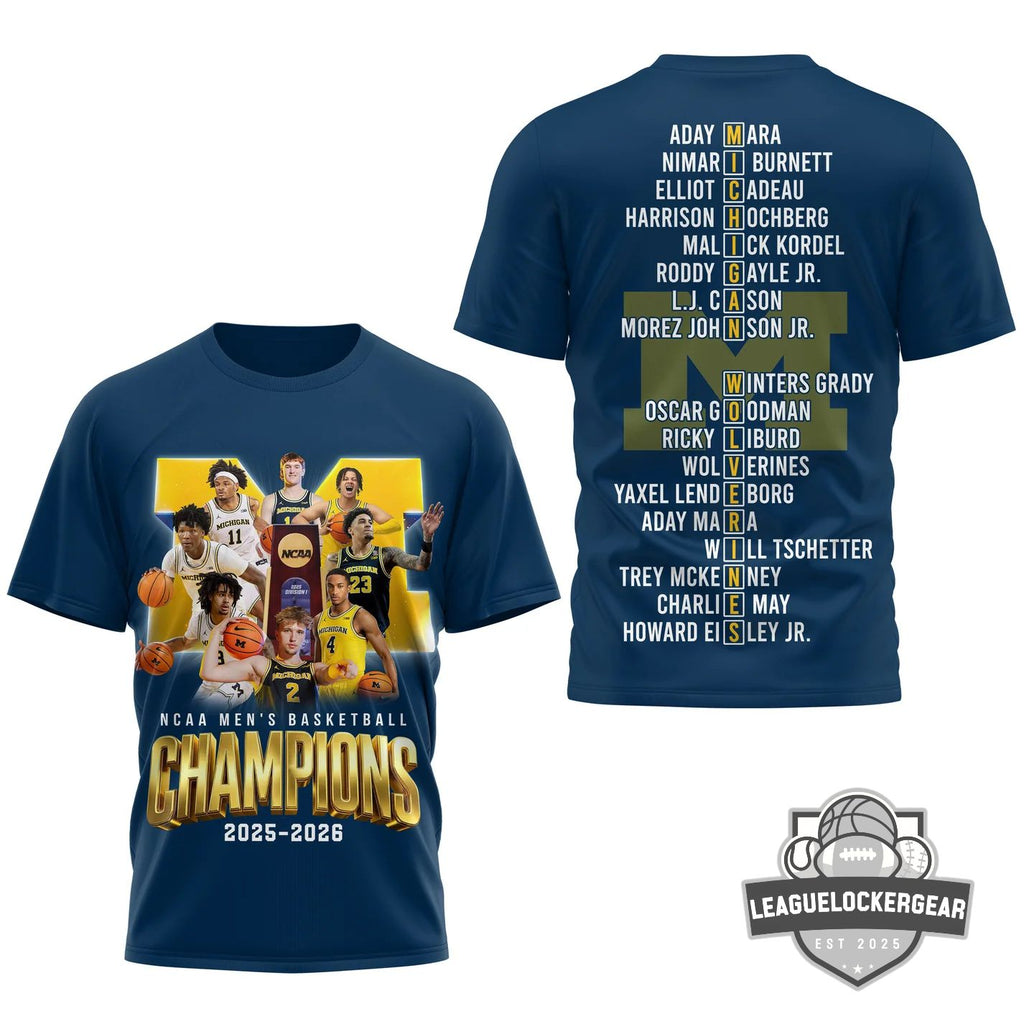 Michigan Wolverines 2025-2026 NCAA Men's Basketball Champions Player Roster T-Shirt - LeagueLockerGear