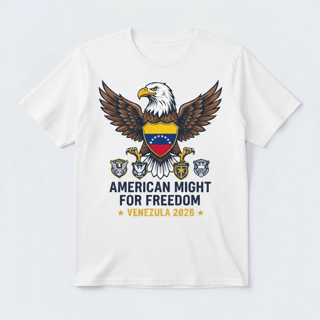 American Might for Freedom T-Shirt - USA Venezuela 2026 Patriotic Eagle - LeagueLockerGear