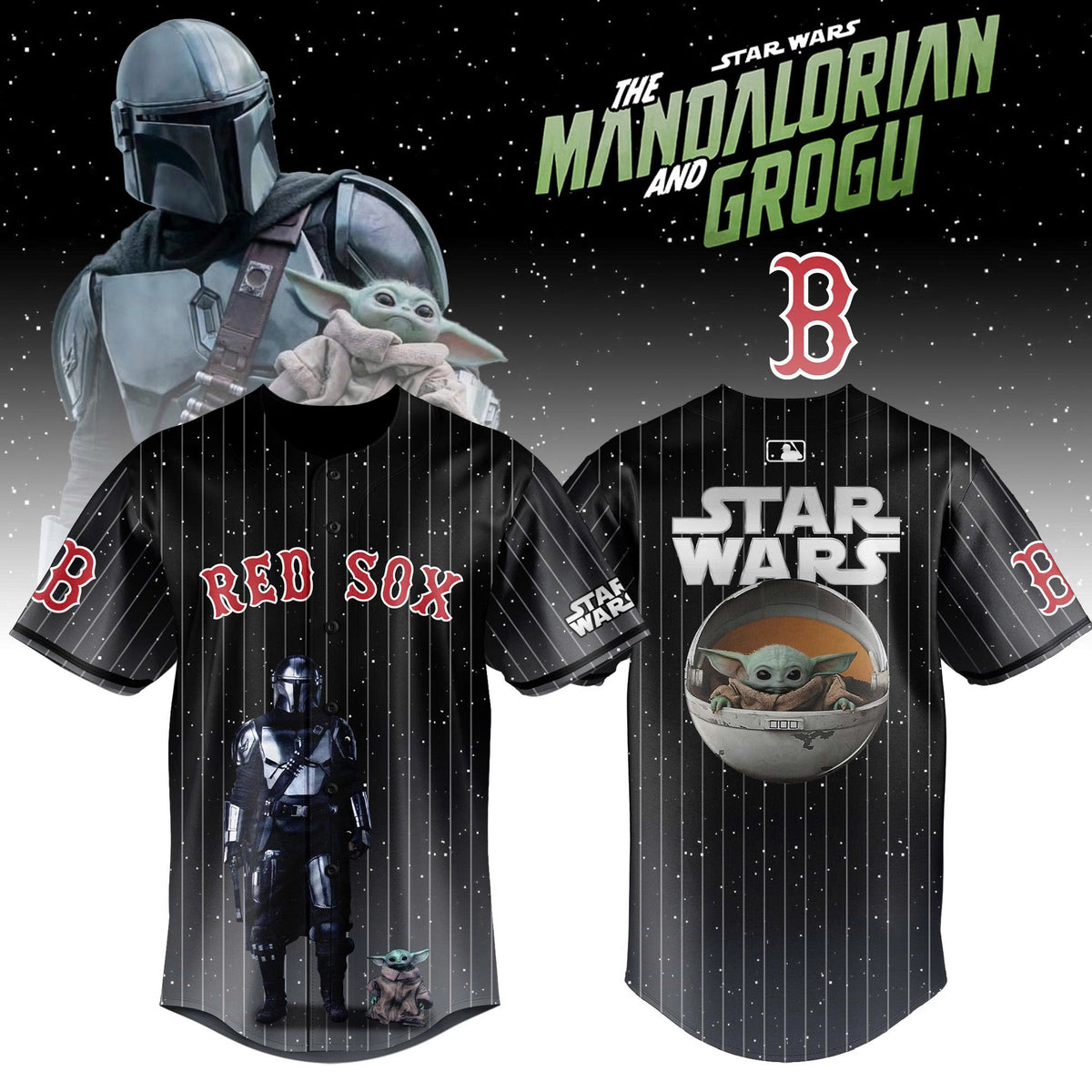 Boston Red Sox Star Wars The Mandalorian and Grogu Baseball Jersey - LeagueLockerGear