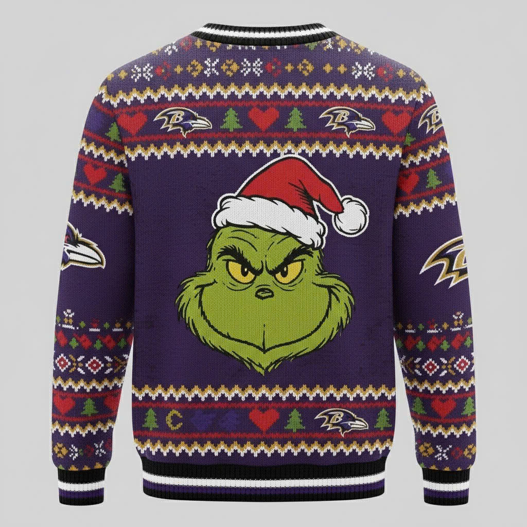 Baltimore Ravens x The Grinch Ugly Christmas Sweater – Purple & Gold "Stealing Christmas" Knit - LeagueLockerGear