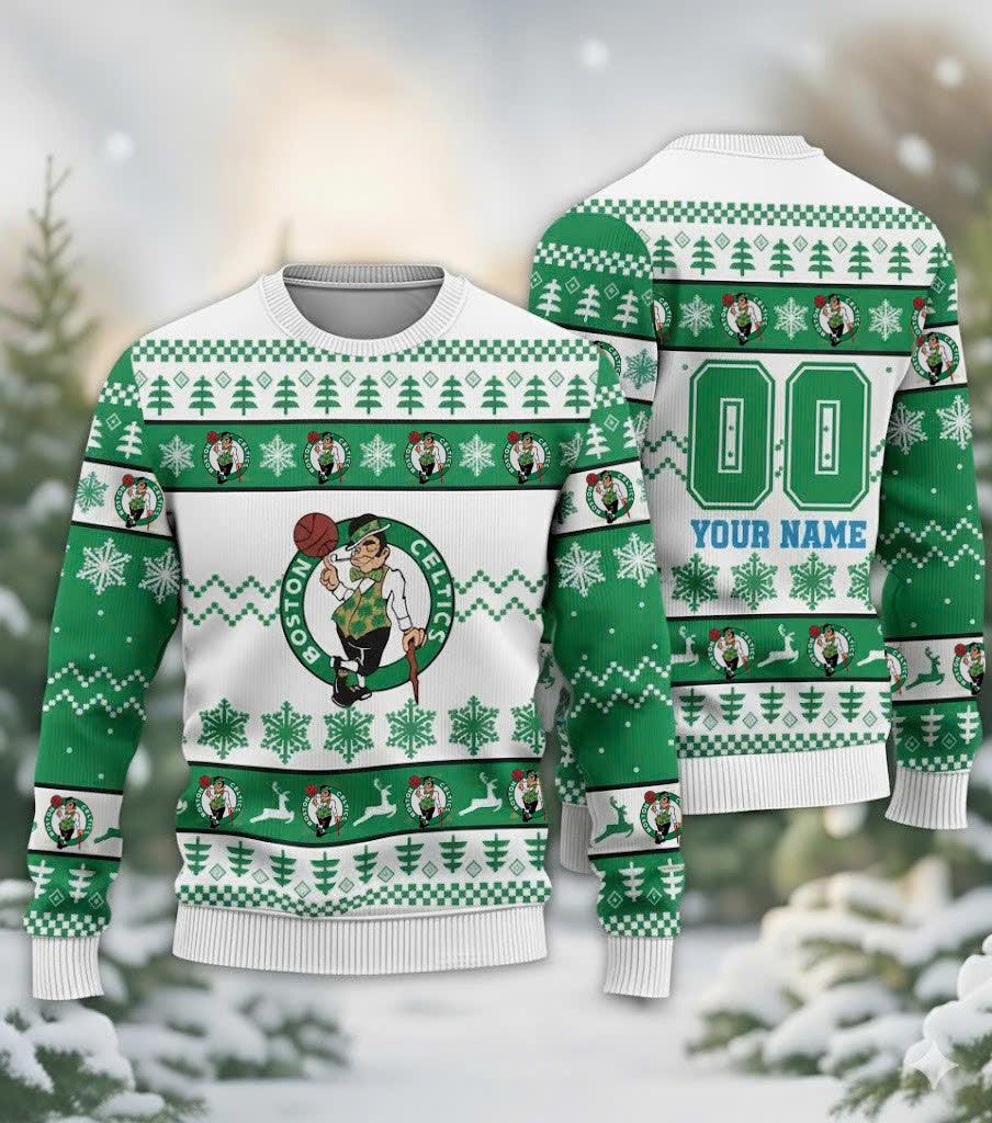 Boston Celtics Christmas Ugly Sweater - Custom Name & Number Edition - LeagueLockerGear