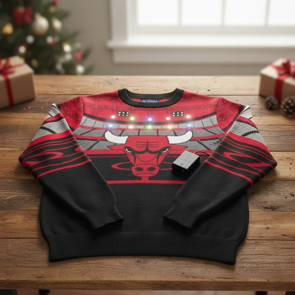 Chicago Bulls Christmas Ugly Sweater - Light-Up Stadium Edition - LeagueLockerGear