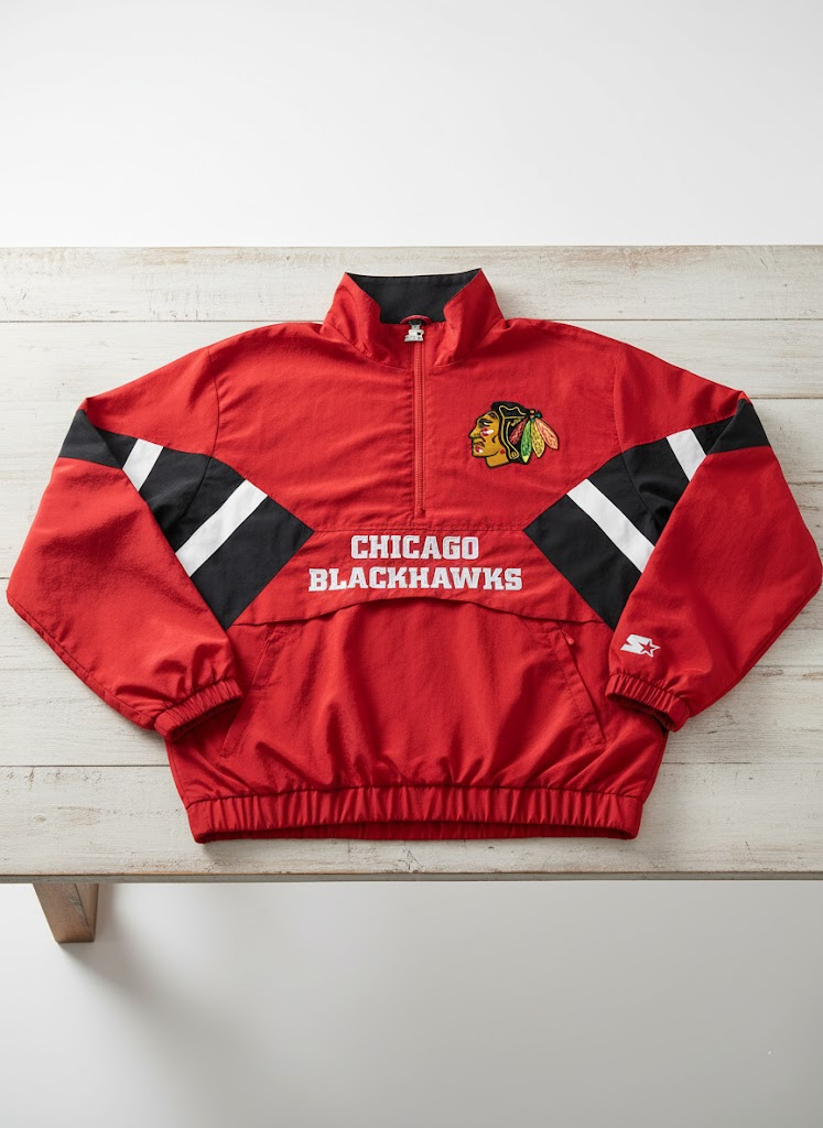 Custom Chicago Blackhawks Starter Half-Zip Pullover Jacket - Red - LeagueLockerGear