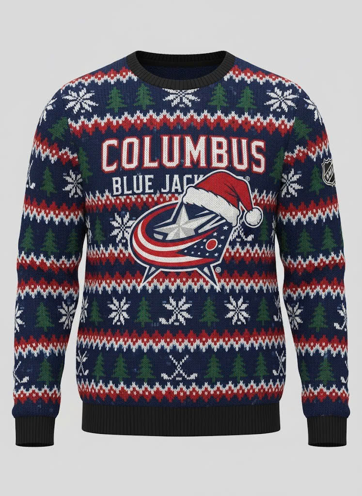 Columbus Blue Jackets NHL Ugly Christmas Sweater – Navy & Red "CBJ" Holiday Knit - LeagueLockerGear
