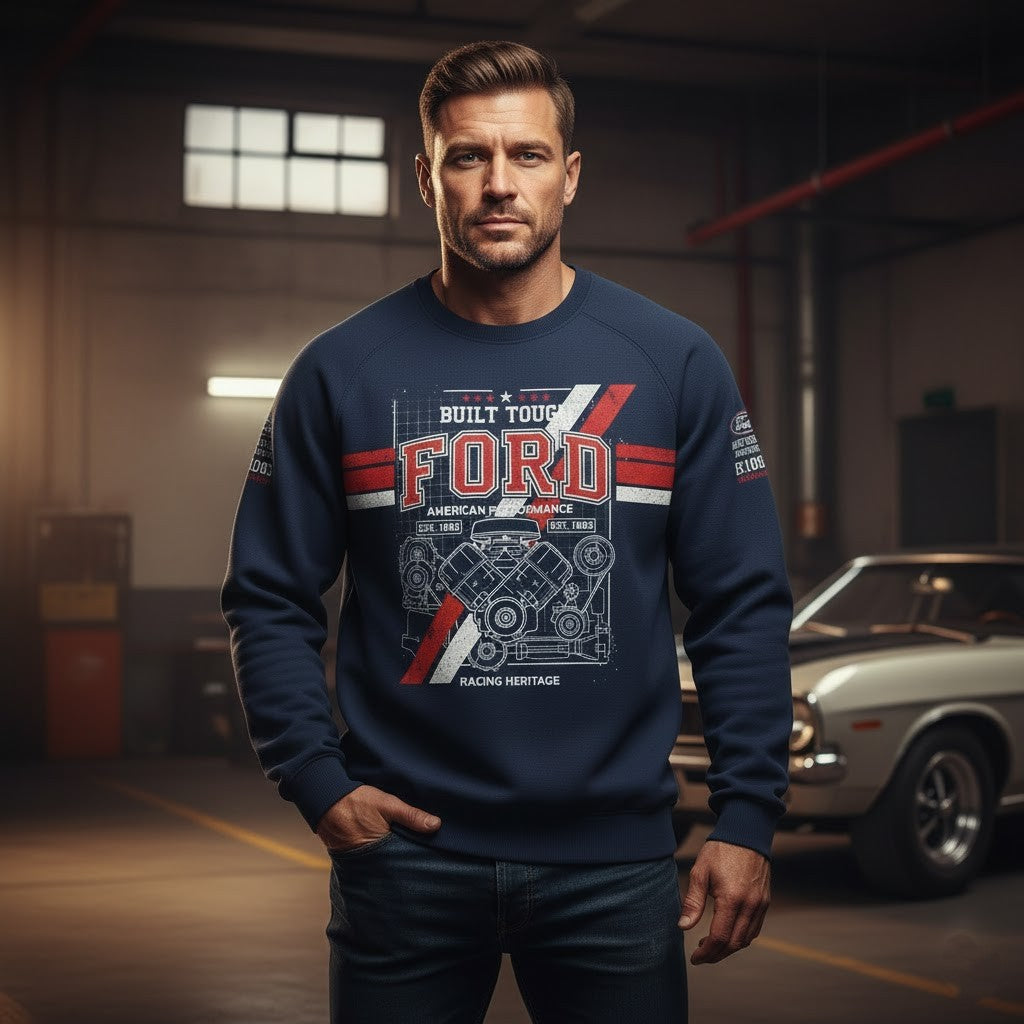 Ford "Built Tough" Heritage 3D Blueprint Crewneck Sweatshirt - LeagueLockerGear