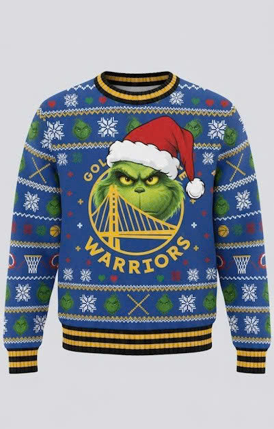 Golden State Warriors x The Grinch Ugly Christmas Sweater – Royal Blue & Gold "Grinchmas" Knit - LeagueLockerGear