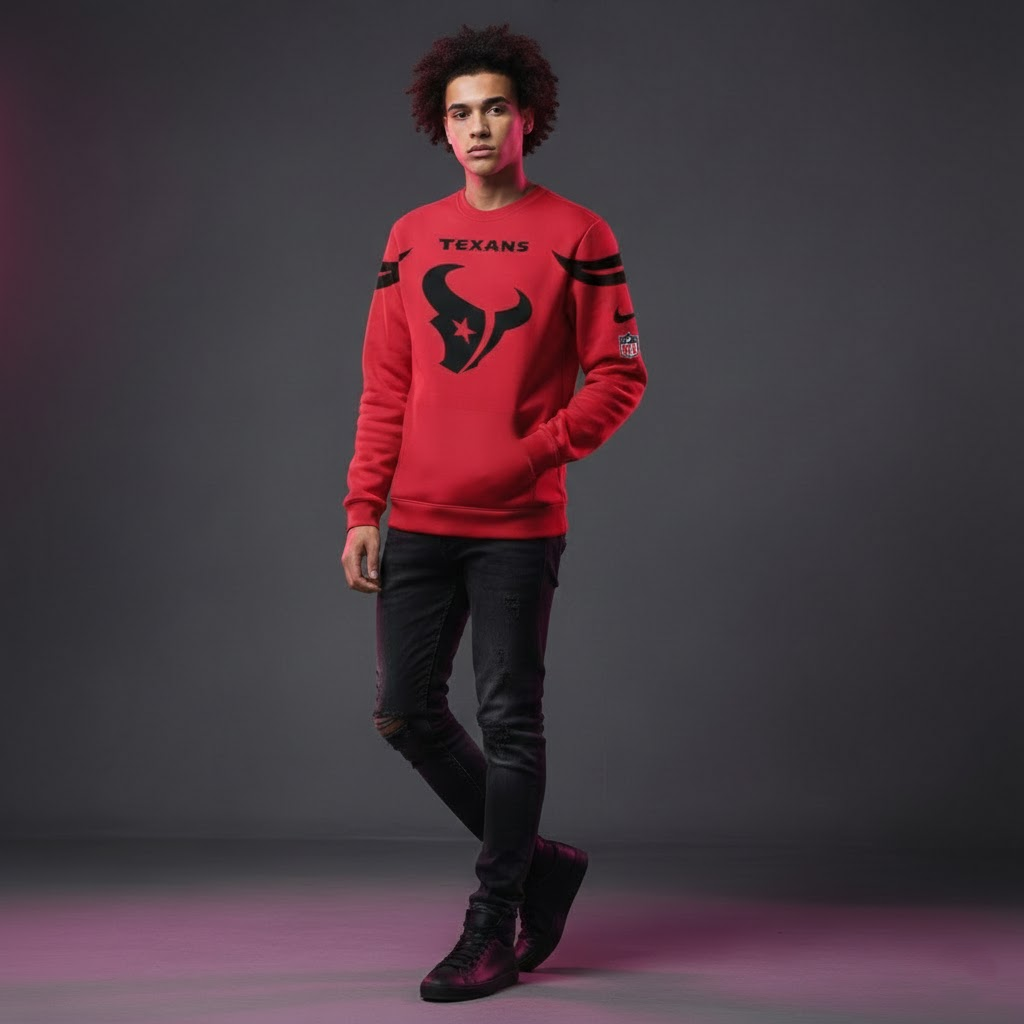 Official Houston Texans Battle Red Crewneck Sweatshirt - Men's/Unisex NFL Fleece - LeagueLockerGear