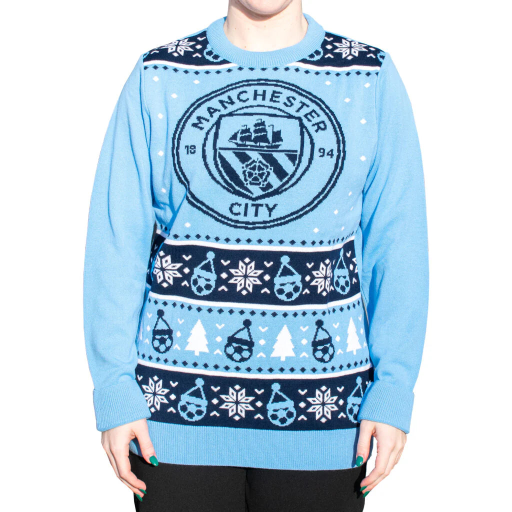 Manchester City FC Christmas Ugly Sweater - Sky Blue Festive Edition - LeagueLockerGear