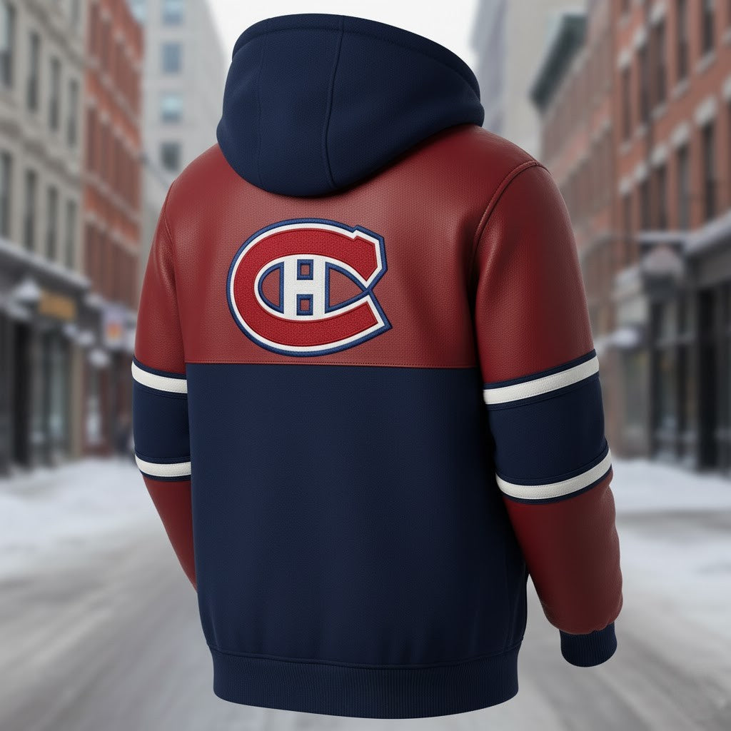 Montreal Canadiens Faux Leather Sleeve NHL Pullover 2025 Hoodie - LeagueLockerGear
