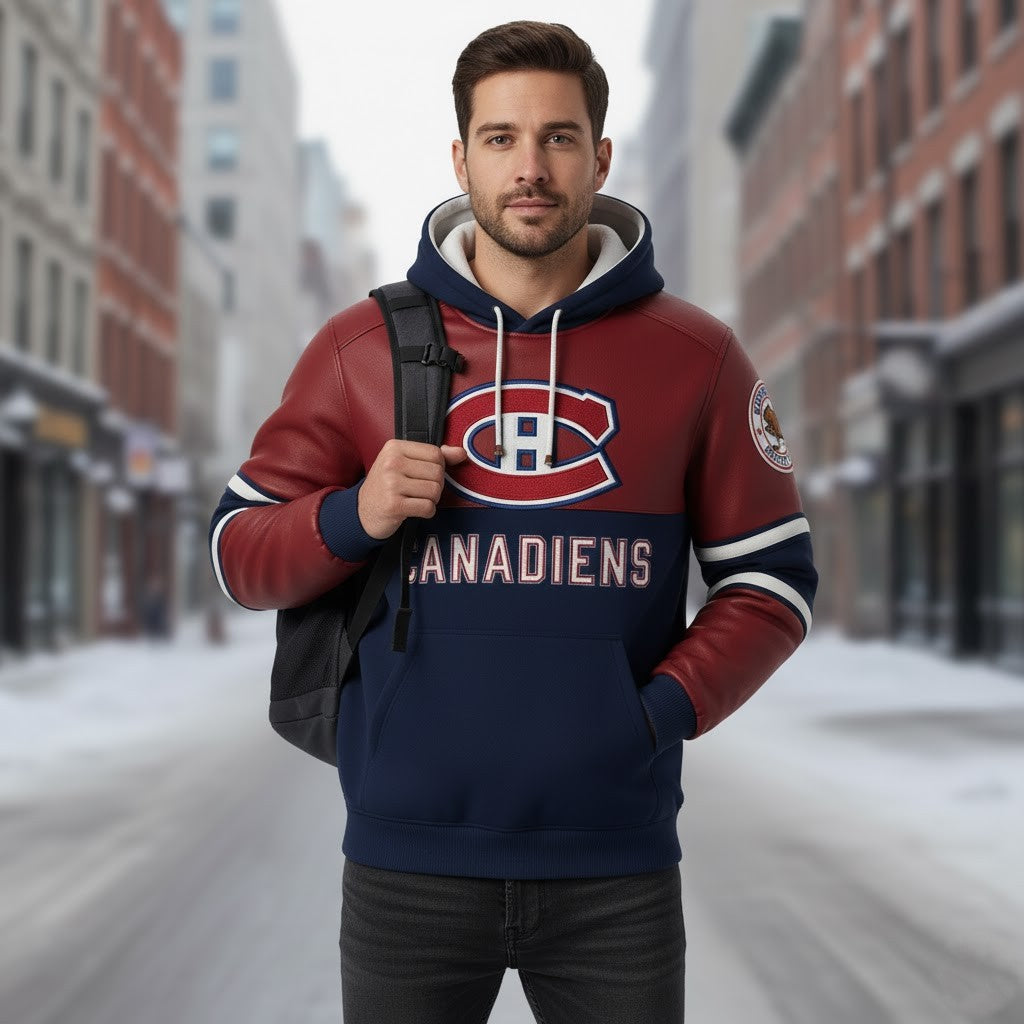 Montreal Canadiens Faux Leather Sleeve NHL Pullover 2025 Hoodie - LeagueLockerGear