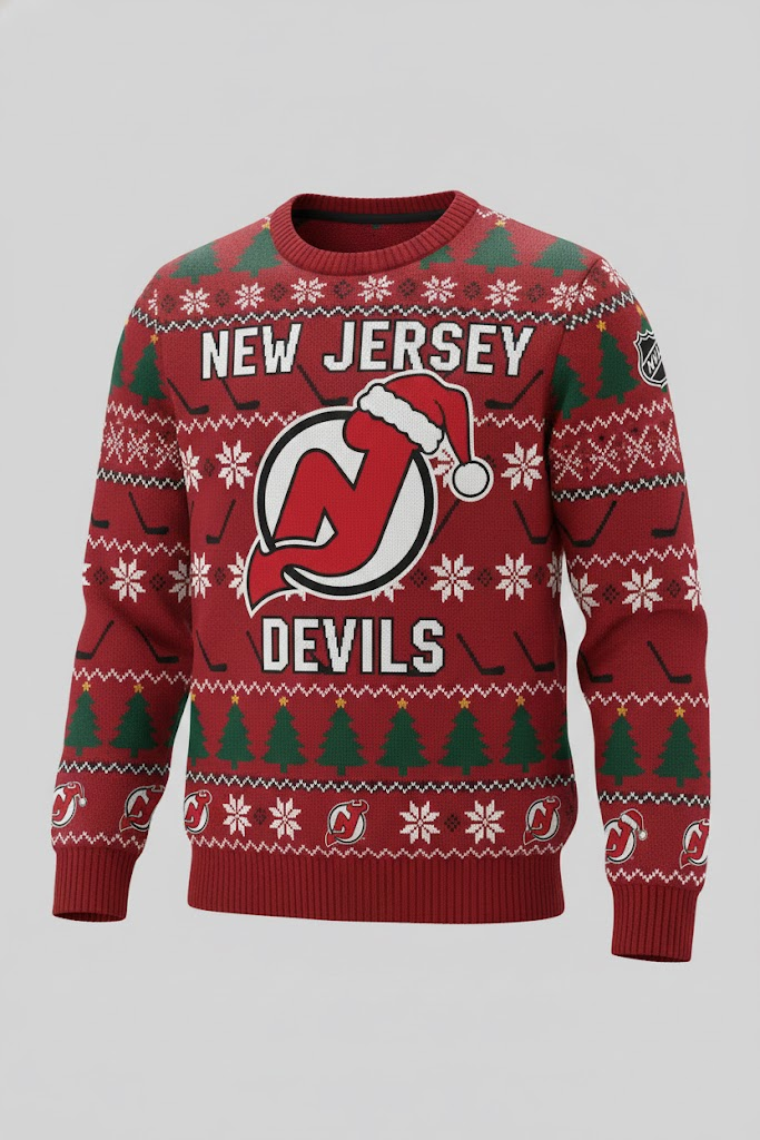 New Jersey Devils NHL Ugly Christmas Sweater – Red & Black "Jersey" Holiday Knit - LeagueLockerGear
