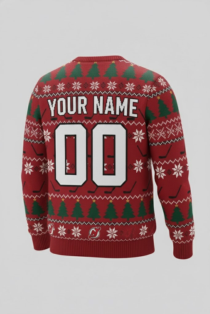 New Jersey Devils NHL Ugly Christmas Sweater – Red & Black "Jersey" Holiday Knit - LeagueLockerGear