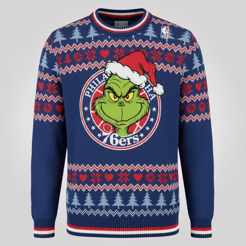 Philadelphia 76ers x The Grinch Ugly Christmas Sweater – Royal Blue & Red "Grinchmas" Knit - LeagueLockerGear