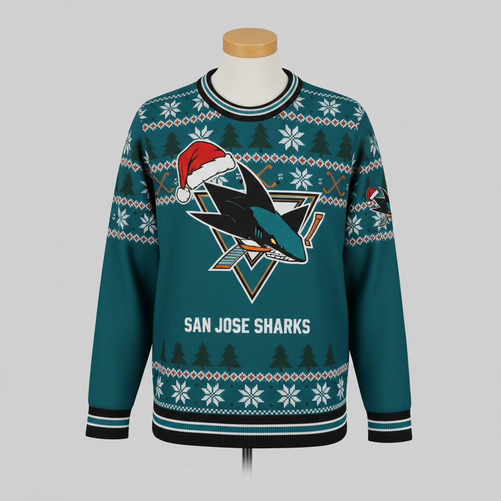 San Jose Sharks NHL Ugly Christmas Sweater – Teal & Black "Sharks" Holiday Knit - LeagueLockerGear