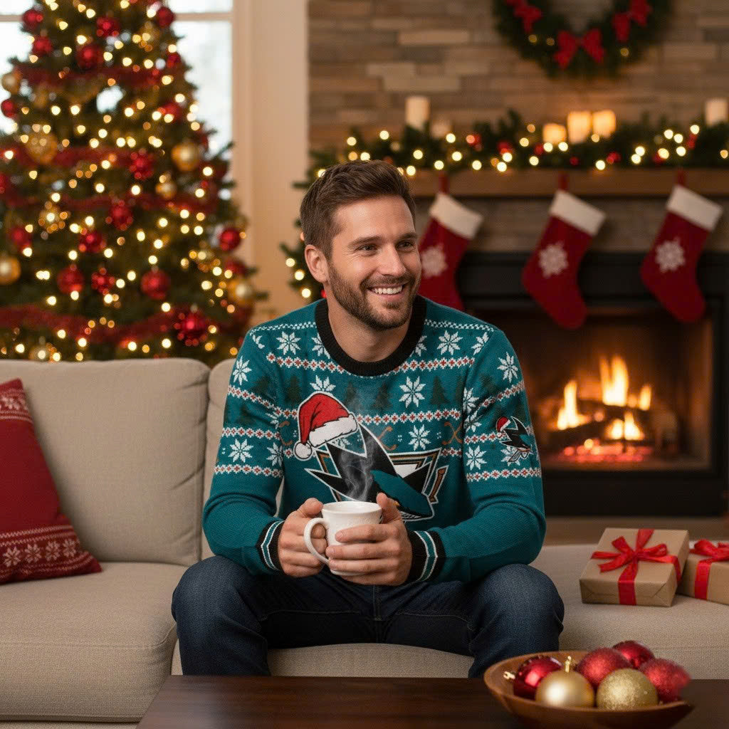 San Jose Sharks NHL Ugly Christmas Sweater – Teal & Black "Sharks" Holiday Knit - LeagueLockerGear