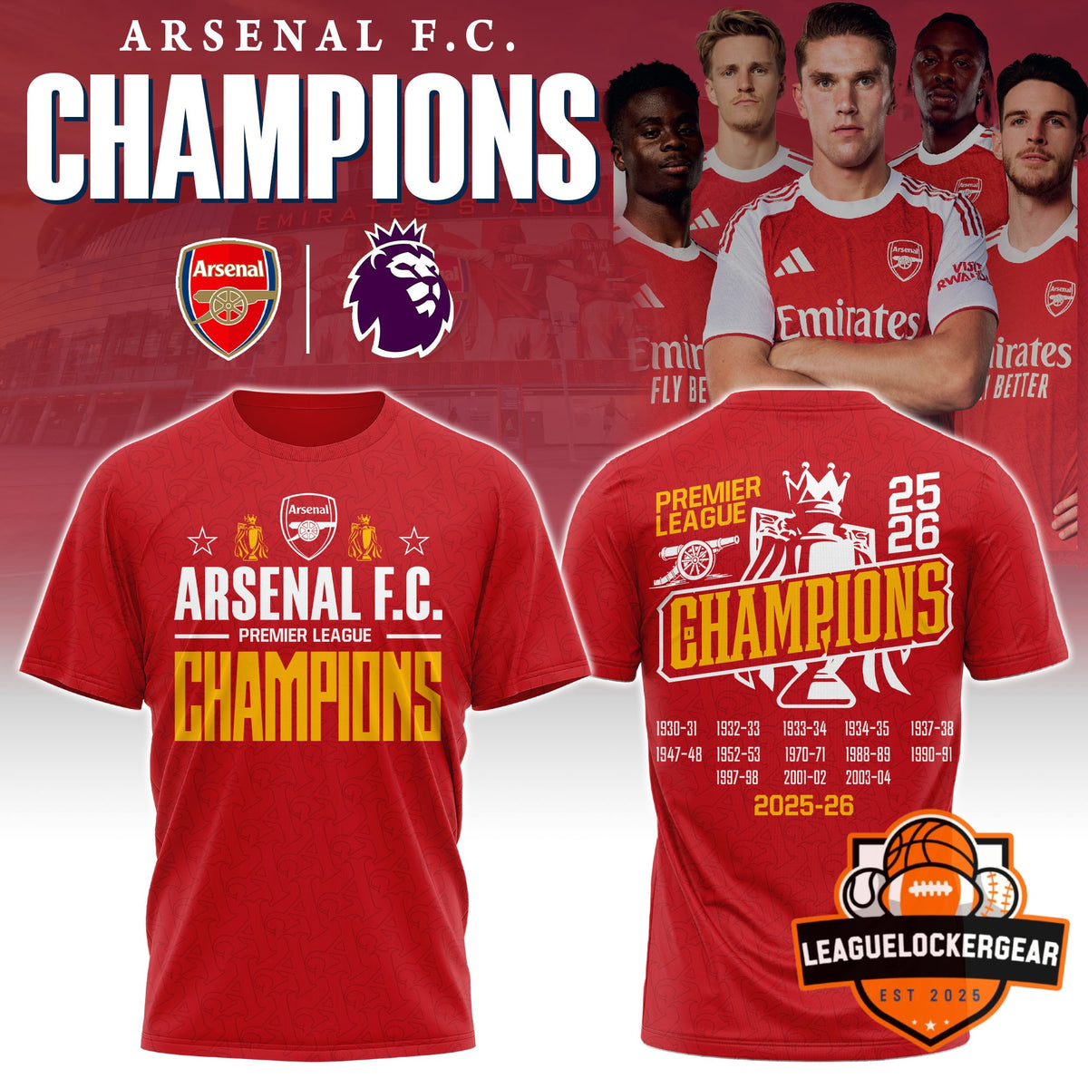 Arsenal F.C. Premier League Champions 2025-26 T-Shirt - LeagueLockerGear