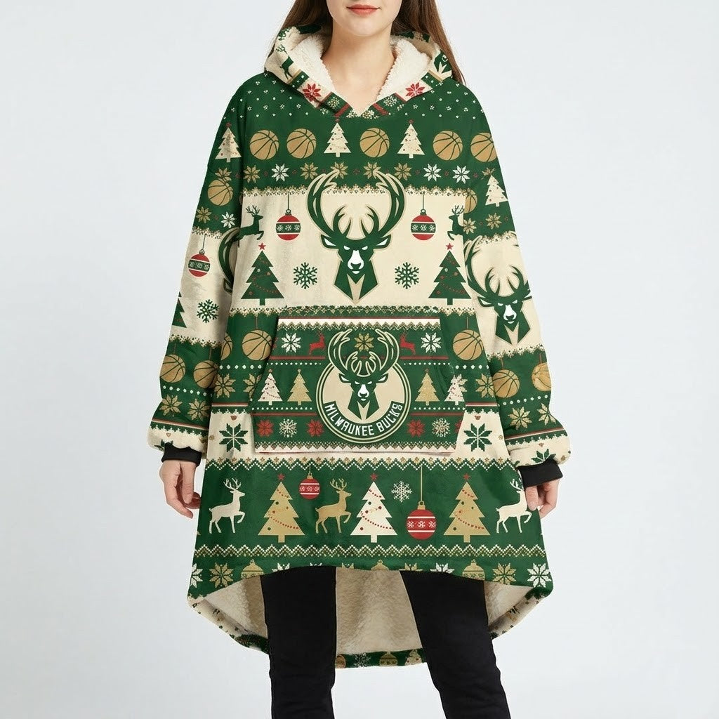 Milwaukee Bucks NBA Sherpa Hoodie Blanket – “Fear The Deer” Majestic Christmas Pattern Wearable Blanket - LeagueLockerGear