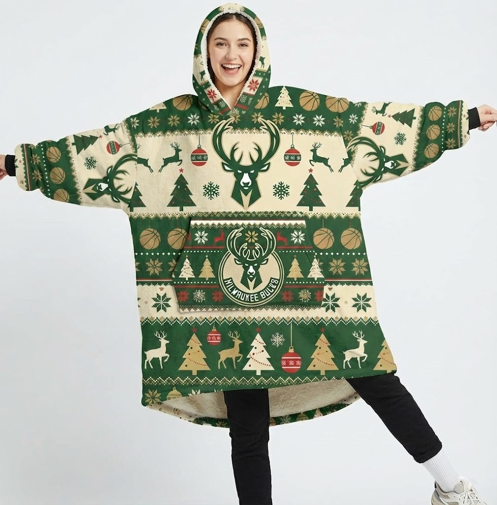 Milwaukee Bucks NBA Sherpa Hoodie Blanket – “Fear The Deer” Majestic Christmas Pattern Wearable Blanket - LeagueLockerGear