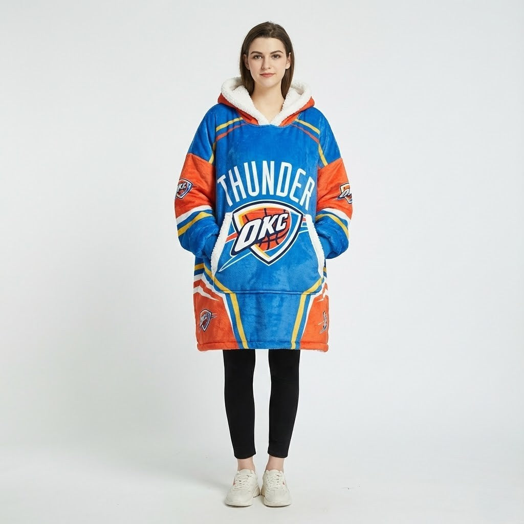 OKC Thunder NBA Sherpa Hoodie Blanket – “Thunder Up” Electrifying Soft Oversized Hoodie - LeagueLockerGear
