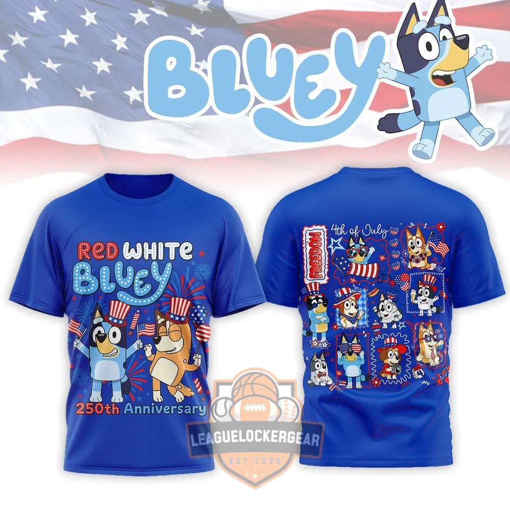Bluey Red White Bluey 250th Anniversary T-Shirt - LeagueLockerGear