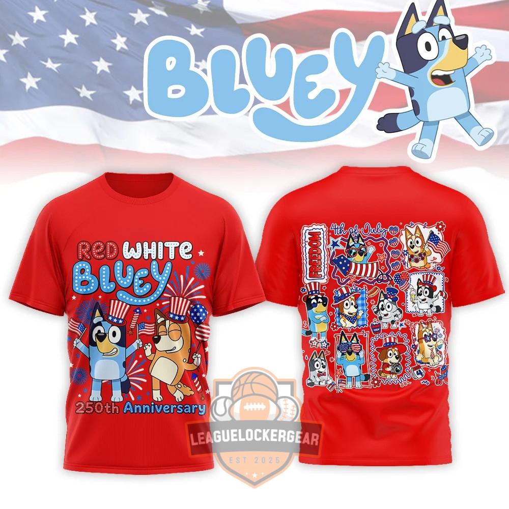 Bluey Red White Bluey 250th Anniversary T-Shirt - LeagueLockerGear