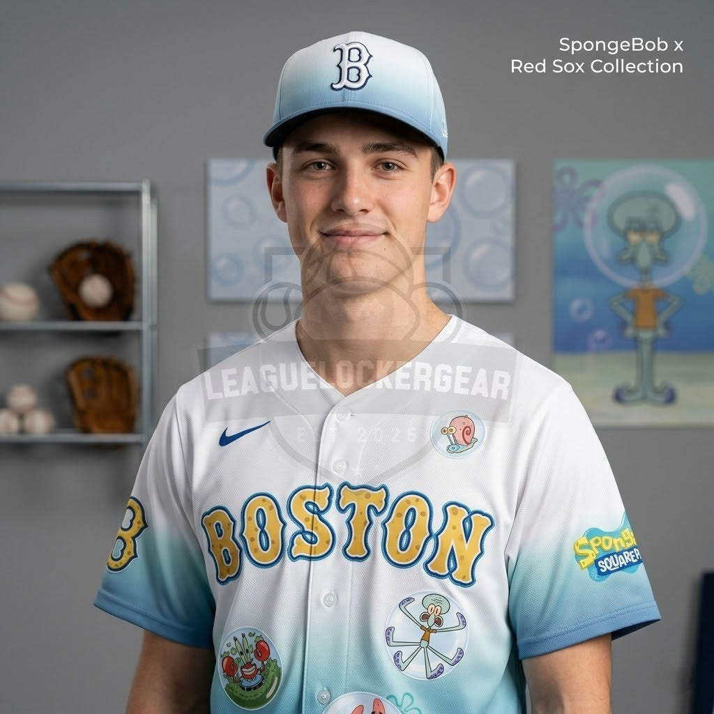 Boston Red Sox SpongeBob SquarePants Baseball Jersey - LeagueLockerGear