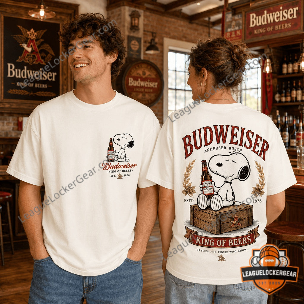 Budweiser Snoopy King of Beers Est 1876 T-Shirt - LeagueLockerGear