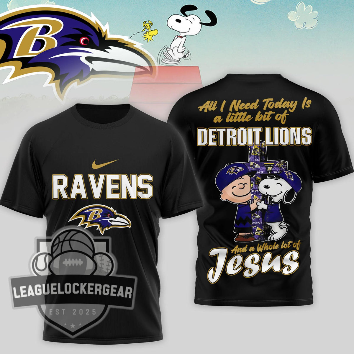 Baltimore Ravens Peanuts Charlie Brown Snoopy T-Shirt - LeagueLockerGear