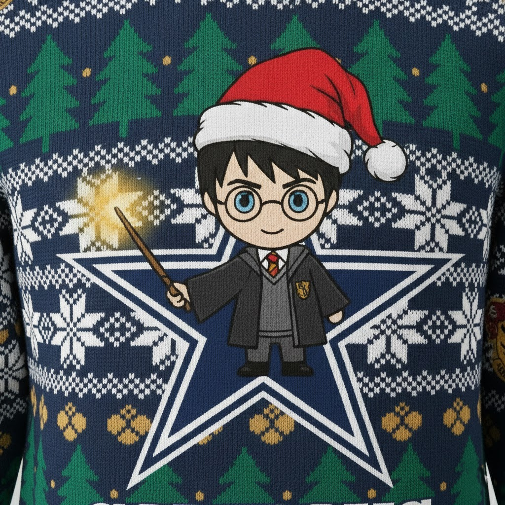 Dallas Cowboys x Harry Potter Ugly Christmas Sweater – Navy & Green "Wizarding Football" Knit - LeagueLockerGear