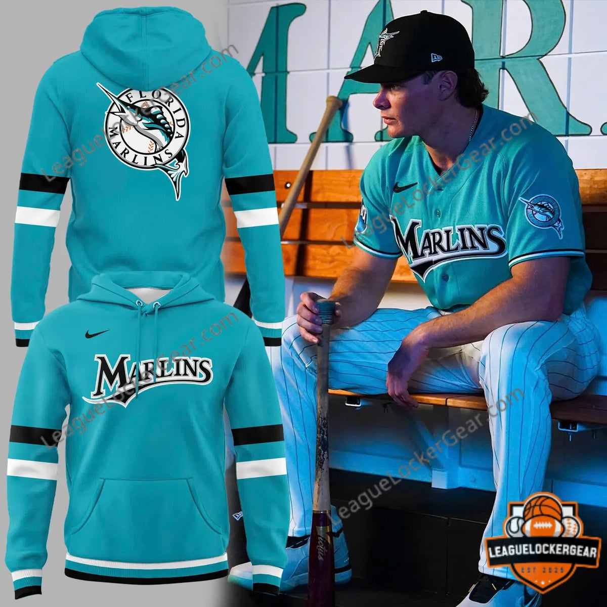 Miami Marlins Teal Throwback Uniform T-Shirt - LeagueLockerGear