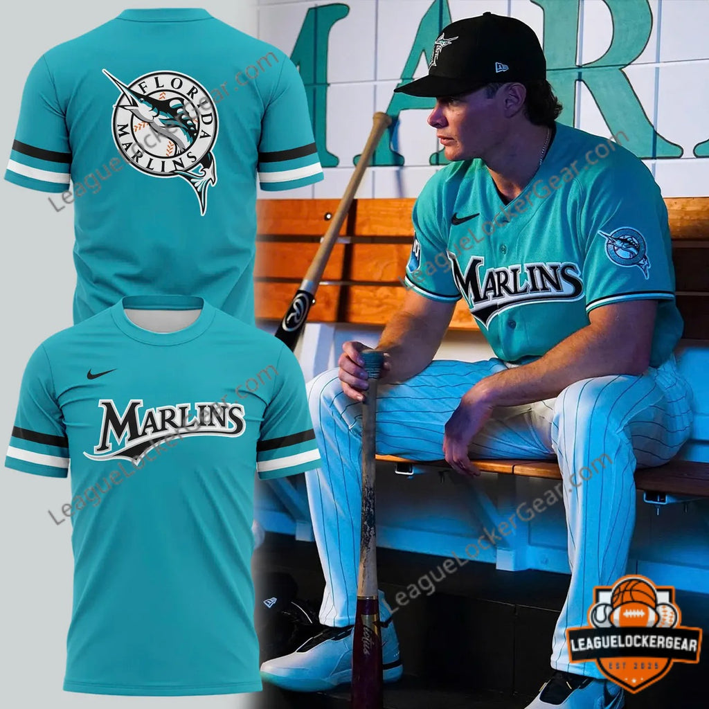Miami Marlins Teal Throwback Uniform T-Shirt - LeagueLockerGear