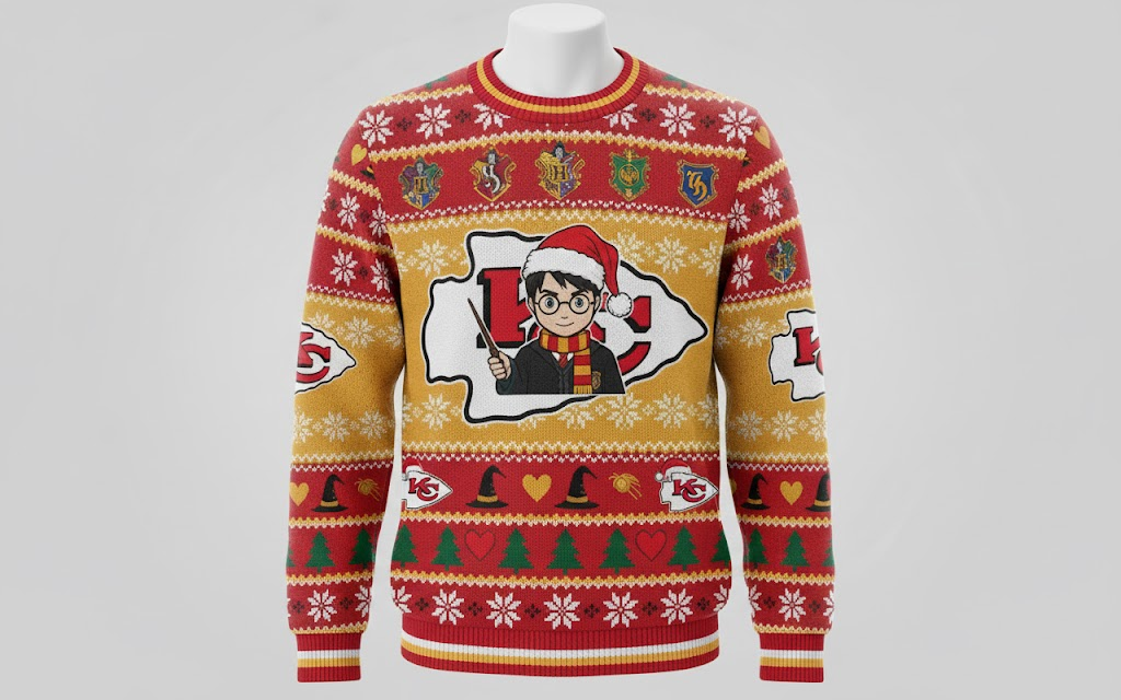 Kansas City Chiefs x Harry Potter Ugly Christmas Sweater – Red & Gold "Wizarding Football" Knit - LeagueLockerGear