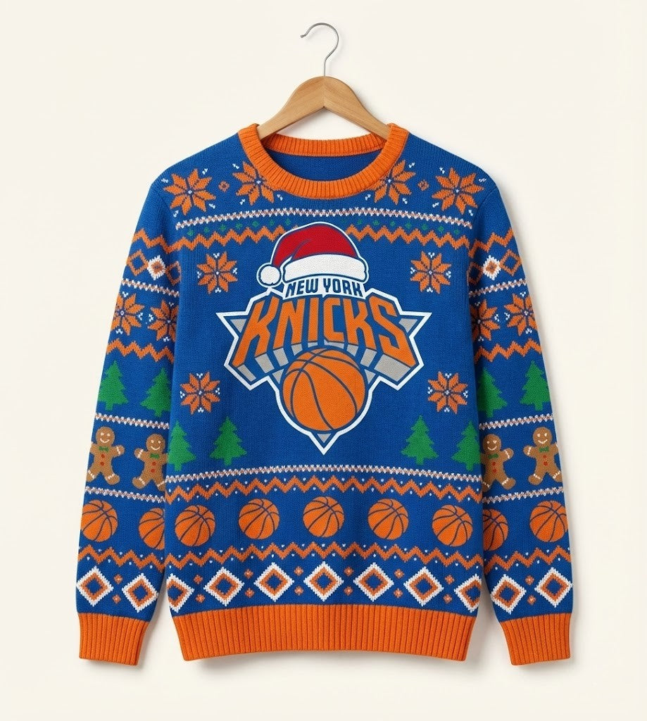 New York Knicks Ugly Christmas Sweater – Biscuit Holiday Edition Blue & Orange Basketball Jumper NBA Fan - LeagueLockerGear