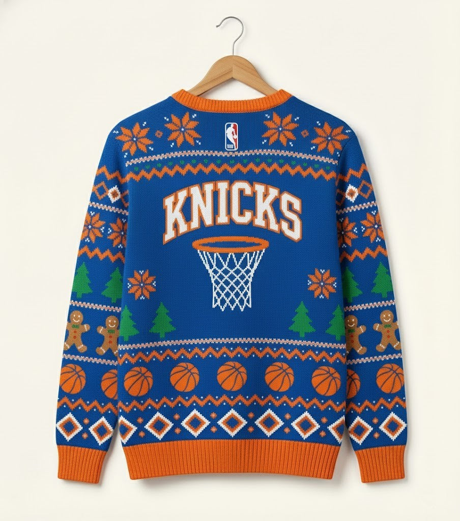 New York Knicks Ugly Christmas Sweater – Biscuit Holiday Edition Blue & Orange Basketball Jumper NBA Fan - LeagueLockerGear
