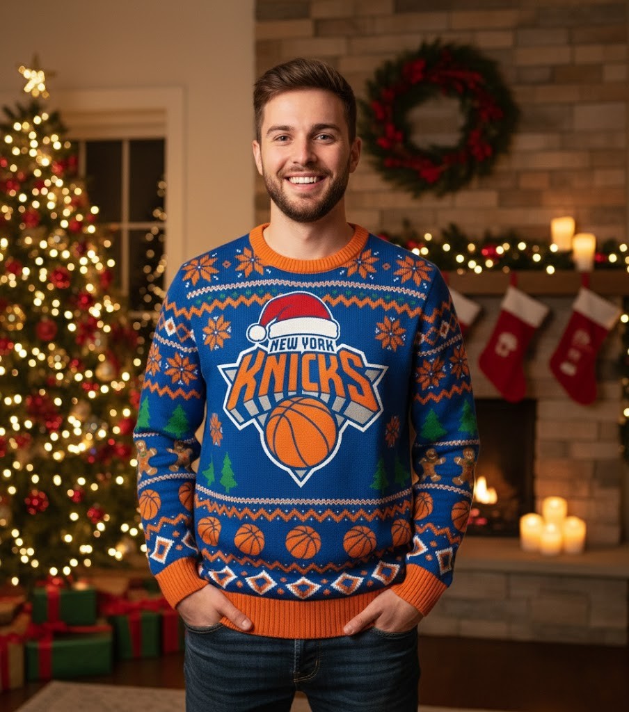 New York Knicks Ugly Christmas Sweater – Biscuit Holiday Edition Blue & Orange Basketball Jumper NBA Fan - LeagueLockerGear