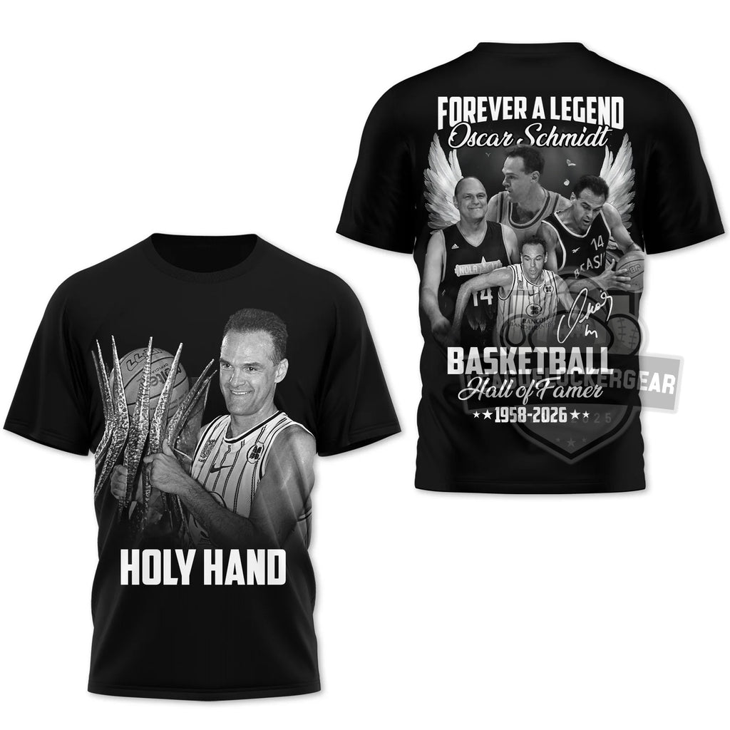Oscar Schmidt Holy Hand Basketball Hall of Famer 1958-2026 T-Shirt - LeagueLockerGear