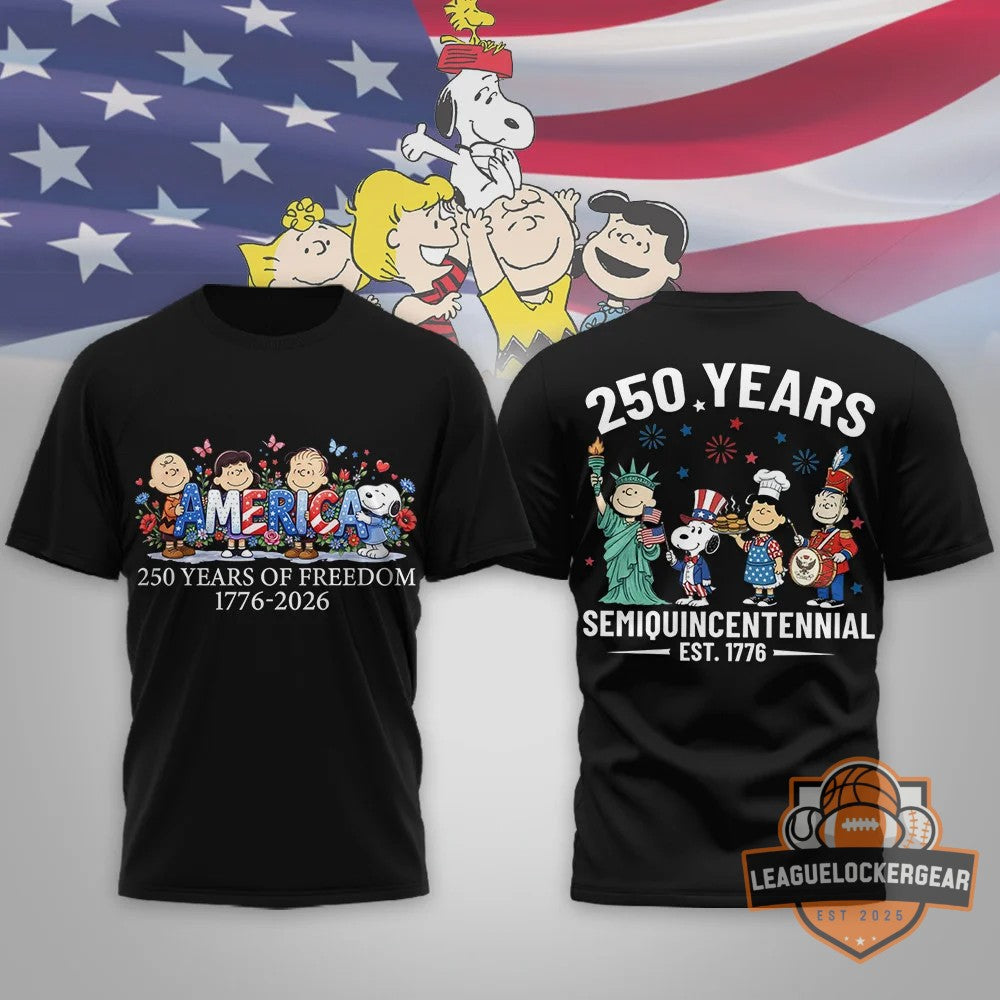Peanuts Characters 250 Years of Freedom Semiquincentennial 1776-2026 T-Shirt - LeagueLockerGear