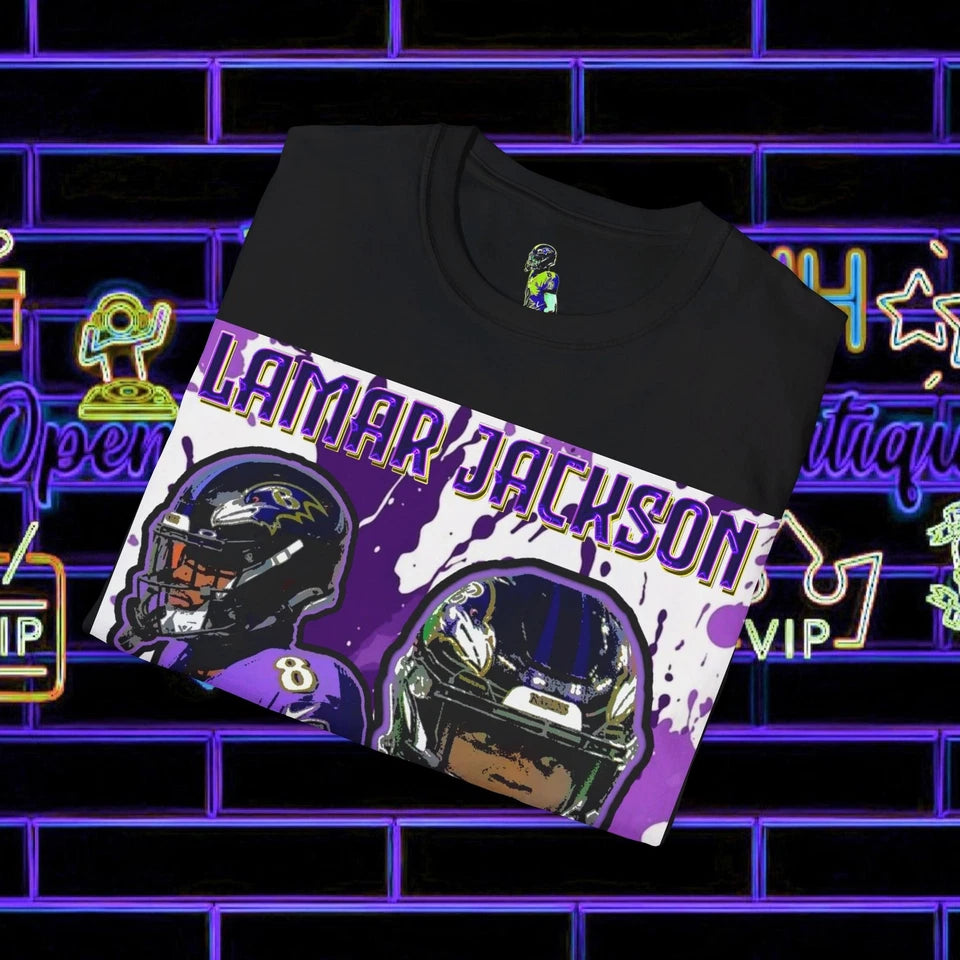 Lamar Jackson Baltimore Ravens T-Shirt – Unisex Softstyle Tee - LeagueLockerGear