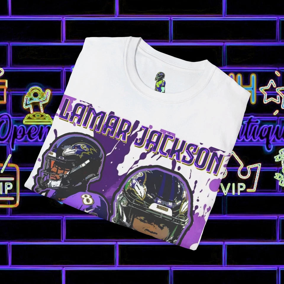 Lamar Jackson Baltimore Ravens T-Shirt – Unisex Softstyle Tee - LeagueLockerGear