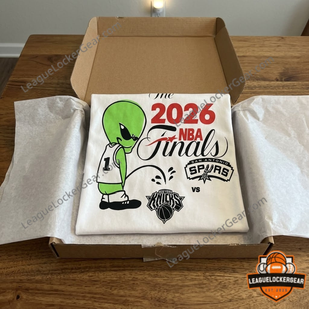 2026 NBA Finals Spurs Wemby Alien Pee On Knicks T-Shirt - LeagueLockerGear