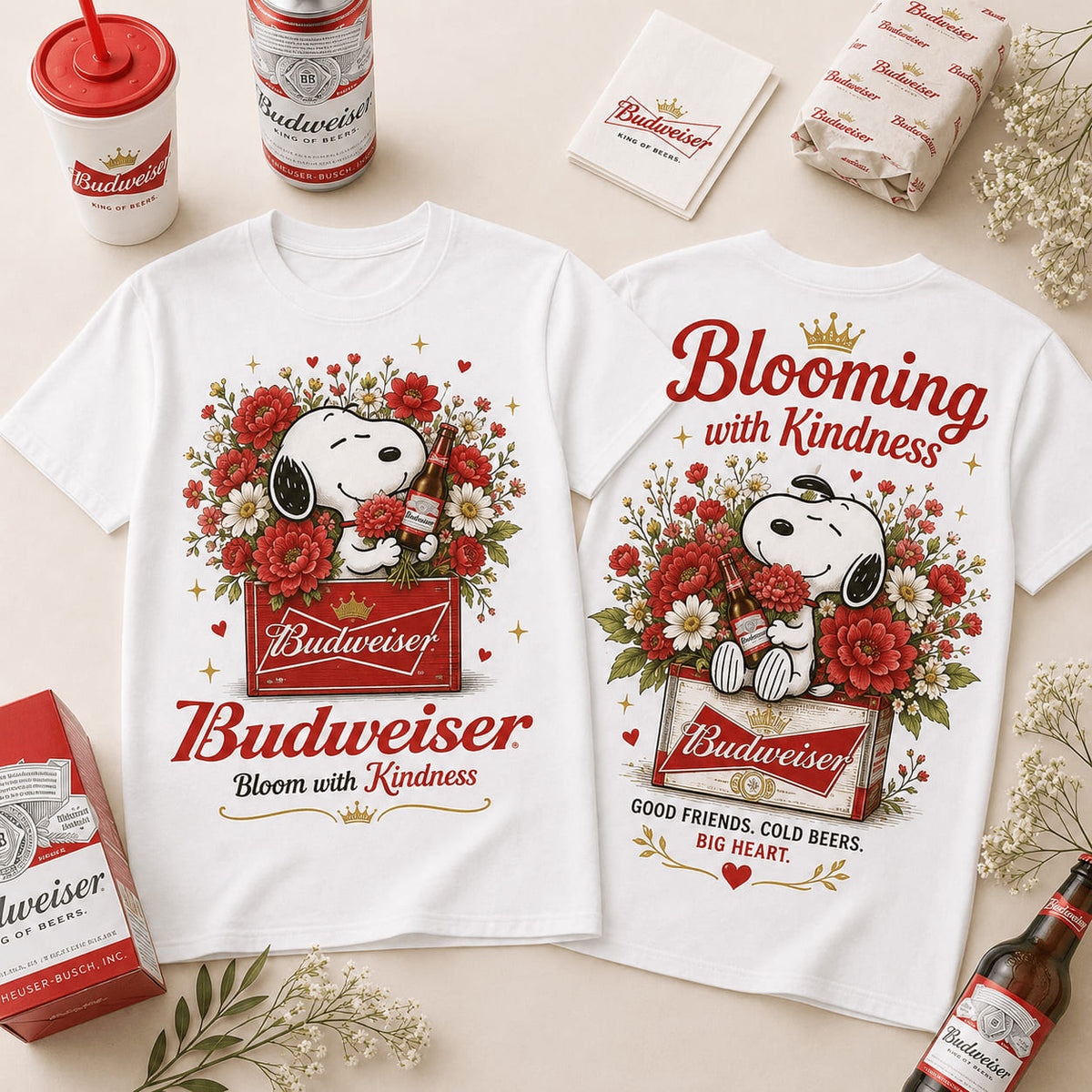 Snoopy Budweiser Red Floral Bloom T-Shirt | S-5XL Polyester