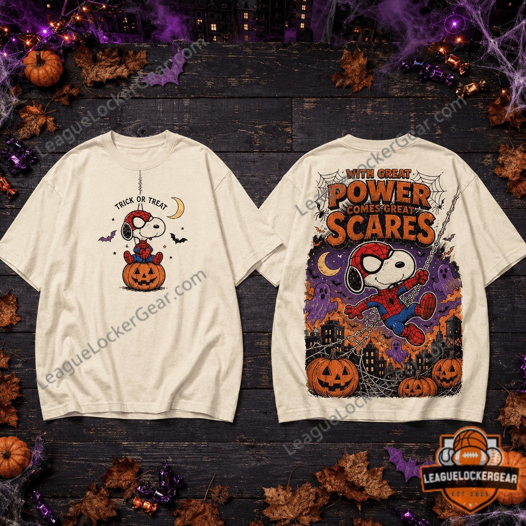 Snoopy Spider-Man Halloween Great Power Great Scares T-Shirt