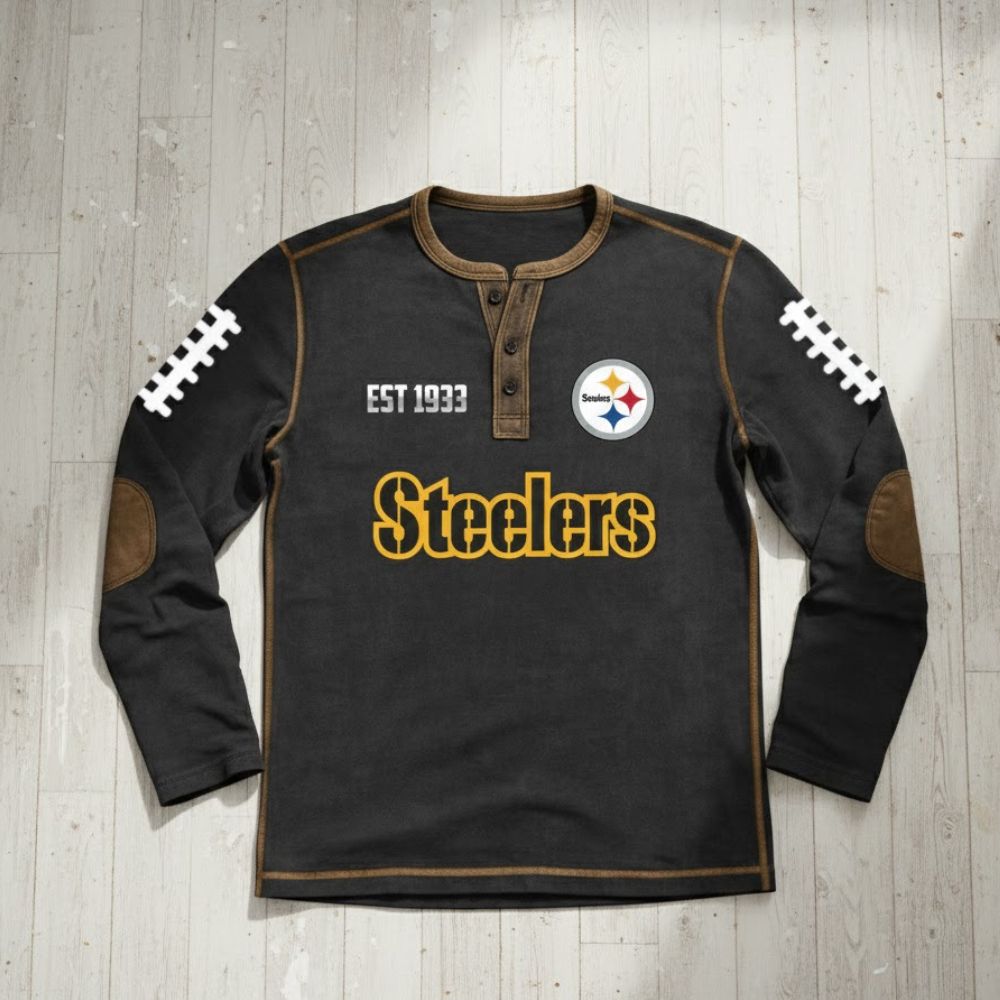 Pittsburgh Steelers Vintage Long Sleeve Henley – Est. 1933 Black Gold Football Shirt - LeagueLockerGear