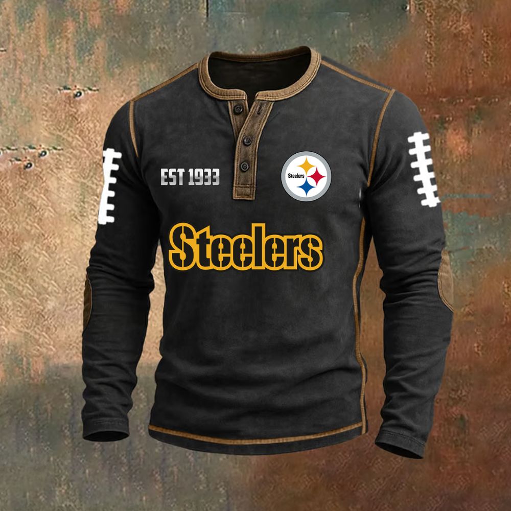 Pittsburgh Steelers Vintage Long Sleeve Henley – Est. 1933 Black Gold Football Shirt - LeagueLockerGear