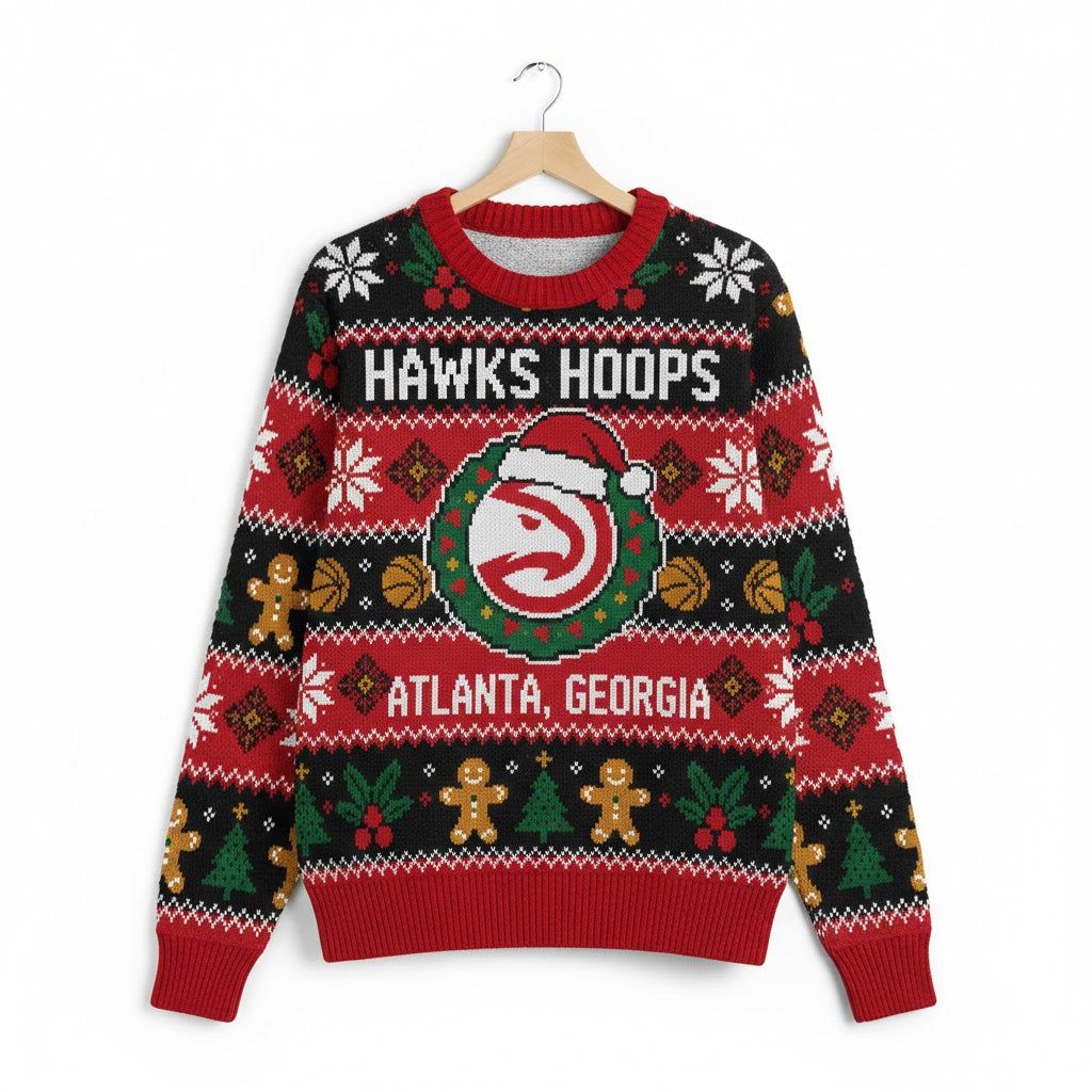 Atlanta Hawks Ugly Christmas Sweater – Hawks Hoops Gingerbread Jumper NBA - LeagueLockerGear