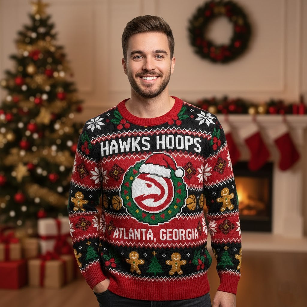 Atlanta Hawks Ugly Christmas Sweater – Hawks Hoops Gingerbread Jumper NBA - LeagueLockerGear